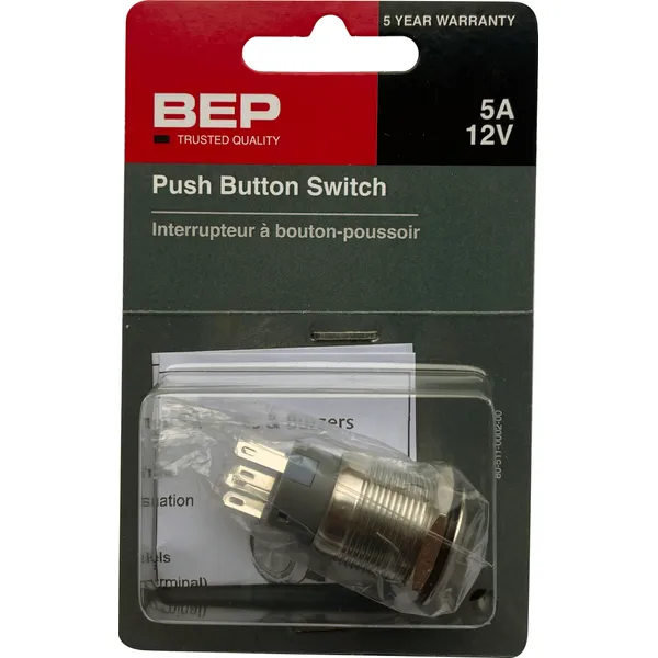 Rustfri bryter LED Rød 12V, fjærbelastet (horn)