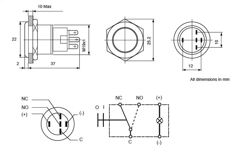 Rustfri bryter LED Blå 12V, fjærbelastet (horn)
