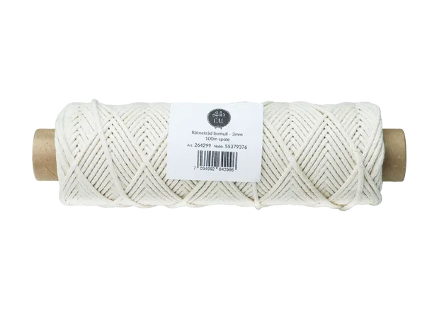 CAL Råtnetråd bomull 3 mm, 100 m spole